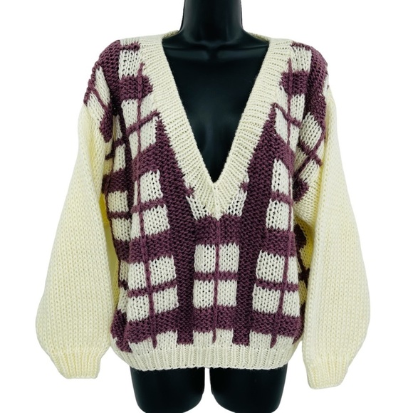 Vintage Sweaters - Vintage hand knit plaid v neck‎ chunky sweater academia women's size M